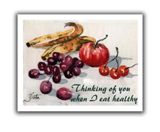 Painted post card of fruits saying think of you